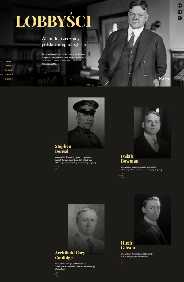 Miniatura widoku strony głównej. Na górze strony czarno-białe zdjęcie jednego z lobbystów w swoim gabinecie. Duże hasło: Lobbyści. Zachodni rzecznicy polskiej niepodległości
