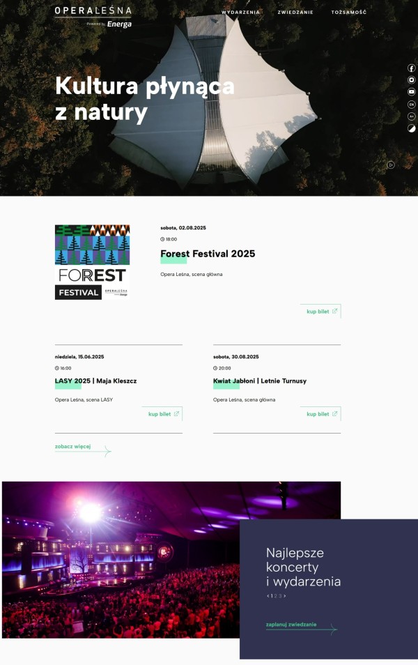 Miniatura widoku strony głównej Opery Leśnej. Na górze strony klatka z filmu powitalnego, poniżej lista najbliższych wydarzeń.